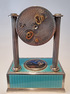 Vintage silver-gilt, guilloche turquoise enamel and pictorial enamel timepiece alarm-actuated singing bird box, by C. A. Marguerat