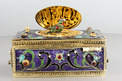 Vintage Art-Nouveau silver gilt, cloisonné enamel and garnet-set singing bird box