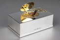 Contempary sterling silver, gold and emerald stud singing bird box, by Reuge