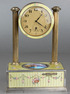 Vintage silver-gilt, guilloche yellow enamel and pictorial enamel timepiece alarm-actuated singing bird box, by C. H. Marguerat