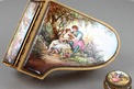 A fine Viennese gilt metal and signed pictorial enamel piano-form musical box and stool