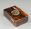 Antique Pictorial enamel and underbelly-cut tortoiseshell singing bird box