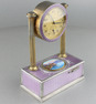 Vintage silver-gilt, guilloche lilac enamel and pictorial enamel timepiece alarm-actuated singing bird box, by C. H. Marguerat