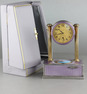 Vintage silver-gilt, guilloche lilac enamel and pictorial enamel timepiece alarm-actuated singing bird box, by C. H. Marguerat