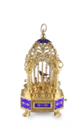 Miniature silver gilt, enamel, mother-of-pearl and turquoise mounted singing bird-in-cage, by Karl Griesbaum