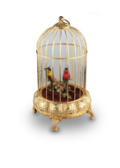 Gilt metal small double singing birds-in-cage, by Elpa