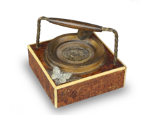 Vintage burr-yew and bone musical automaton ashtray, by Thorens