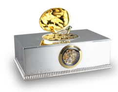 Contempary sterling silver, gold and diamond singing bird box with timepiece, by Reuge