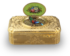 Antique silver-gilt and pictorial enamel Fusee singing bird box, with melodic notational birdsong, by Charles Bruguier