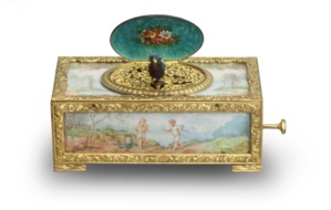 Gilt metal and painted ivory panel singing bird box, by C. H. Marguerat