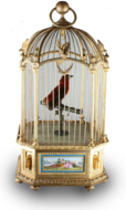 A stunning and very fine gilt bronze and Sevres plaque single singing bird-in-cage, by Bontems