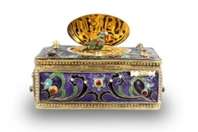 Vintage Art-Nouveau silver gilt, cloisonné enamel and garnet-set singing bird box