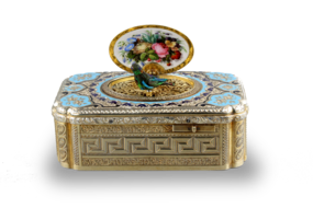 Antique tooled silver-gilt, enamel and pictorial enamel singing bird box, by Jacques Bruguier