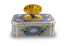Antique silver-gilt, tri-tone enamel and pictorial enamel singing bird box, by Jacques Bruguier