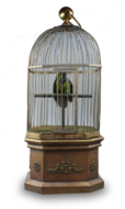 Antique large single singing bird in cage, by Bontems