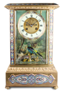 Rare antique gilt metal and champleve enamel timepiece-actuated singing bird, by Bontems