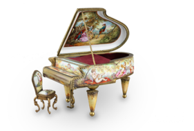 A large vintage Viennese enamel and gilt metal musical grand piano with chair