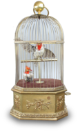 Antique double singing cockatiels-in-cage, by Bontems