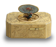 Antique gilt metal and pictorial enamel singing bird box, by John Manger