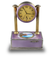 Vintage silver-gilt, guilloche lilac enamel and pictorial enamel timepiece alarm-actuated singing bird box, by C. H. Marguerat