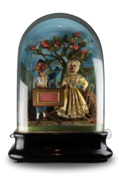 Antique double monkey musical automaton under glass dome, by Jean Phalibois