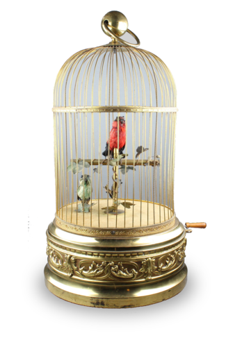 Large antique double singing birds-in-cage, by Bontems