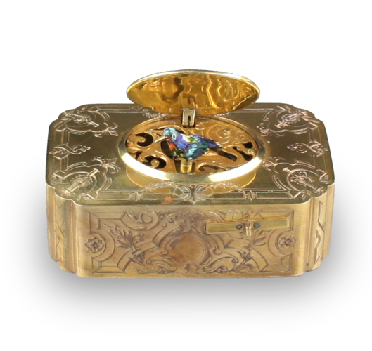 Antique Gilt metal and enamel singing bird box, by Flajoulot