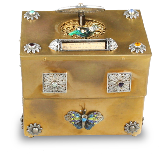 French enamel singing bird jewellry box, with rhyme notation bar