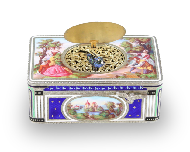 A very fine Sterling silver gilt, enamel and pictorial enamel singing bird box, by Karl Griesbaum