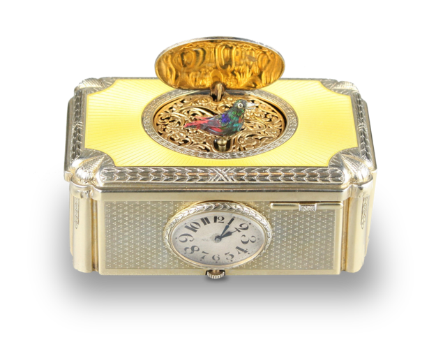 Silver gilt and enamel singing bird box with timepiece, by C. H. Marguerat