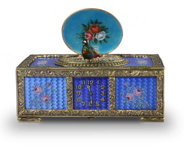 Sterling silver gilt, pictorial and enamel singing bird box with timepiece, movement by C. H. Marguerat