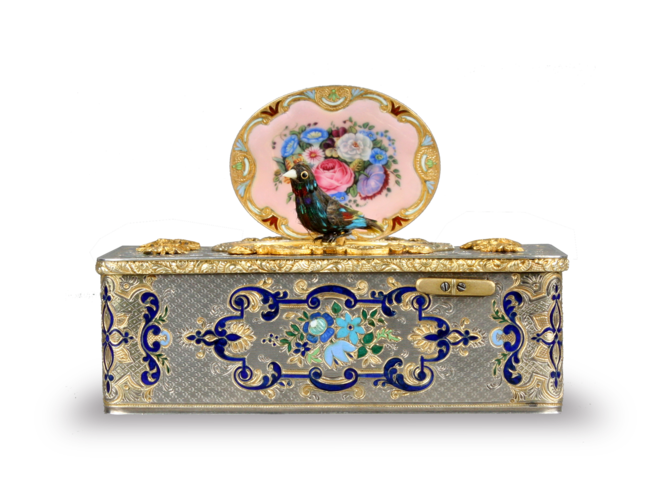 Silver-gilt, gold, enamel and pictorial enamel Fusee singing bird box, by Charles Bruguier