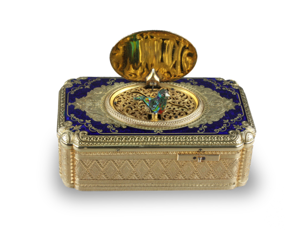 An exceptional exhibition gold, enamel and pictorial enamel Fusee singing bird box, by Jacques Bruguier