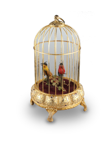 Gilt metal small double singing birds-in-cage, by Elpa