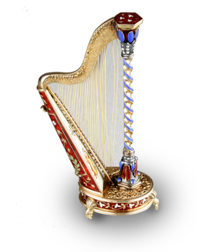 Gold, enamel and split seed pearl embellished musical harp with hidden scent bottle