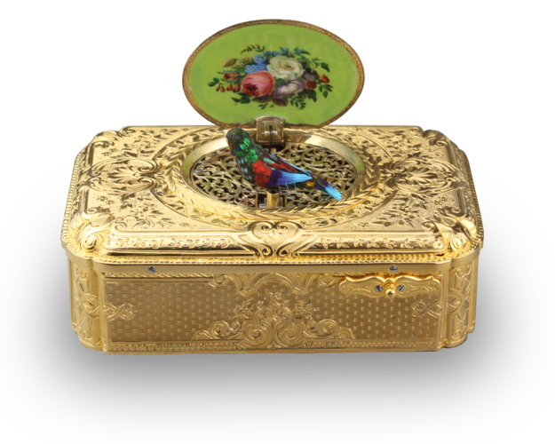 Antique silver-gilt and pictorial enamel Fusee singing bird box, with melodic notational birdsong, by Charles Bruguier