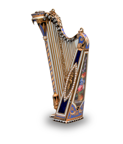 Gold, diamond, enamel and split seed pearl musical harp, by Bessiere & Schneider