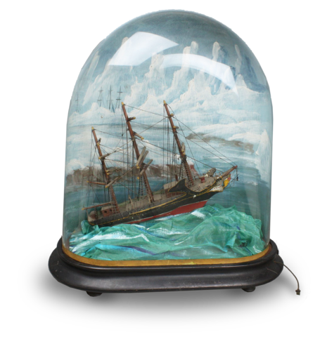 A large classic rocking ship musical automaton under painted glass dome