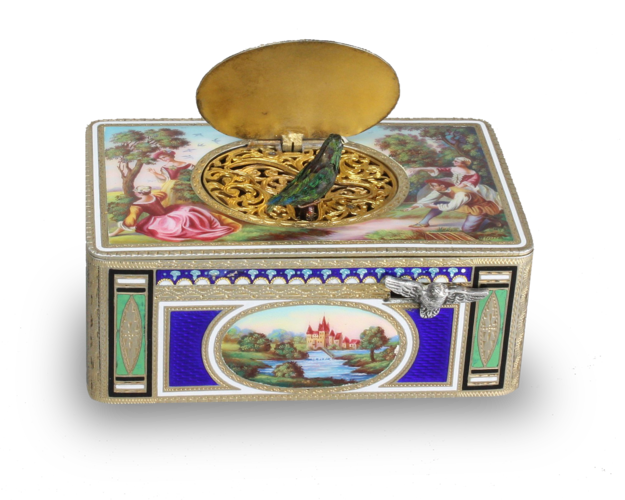 Antique silver-gilt and full painted enamel singing bird box, by Karl Griesbaum,