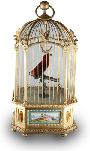 A stunning and very fine gilt bronze and Sevres plaque single singing bird-in-cage, by Bontems