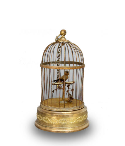 Antique small single singing bird-in-cage, by Bontems