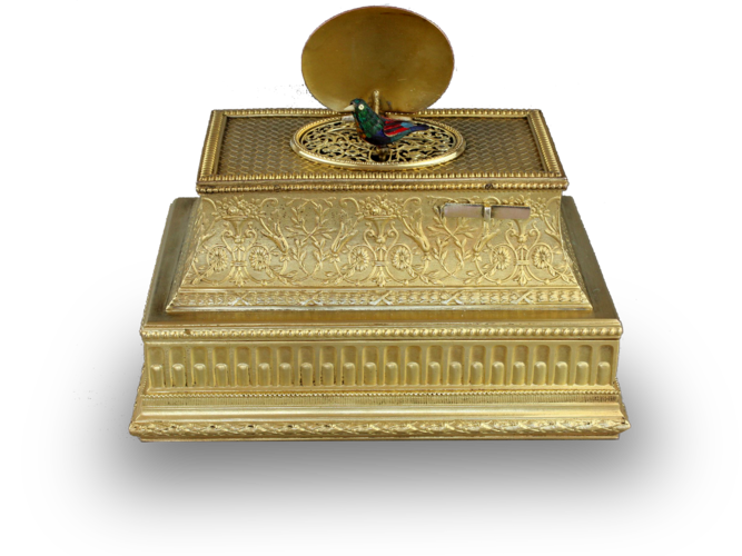 Gilt metal singing bird jewellery casket, by Flajoulot