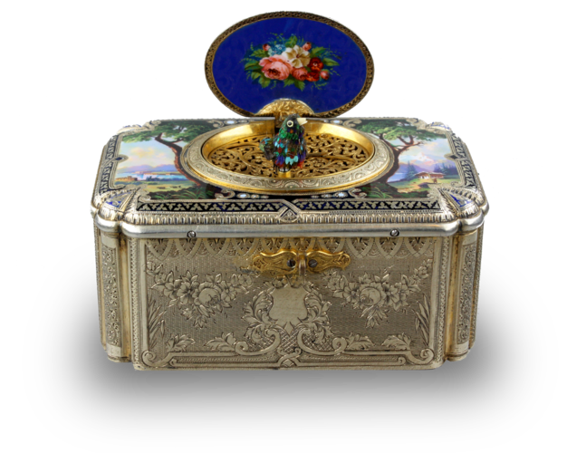 Antique tall-proportioned silver-gilt and full pictorial lidded singing bird box, by Charles Bruguier