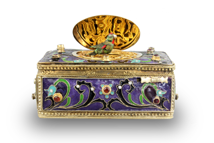 Vintage Art-Nouveau silver gilt, cloisonné enamel and garnet-set singing bird box