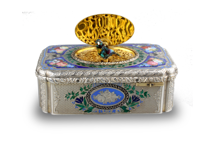 Antique silver-gilt, tri-tone enamel and pictorial enamel singing bird box, by Jacques Bruguier