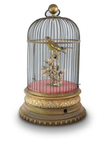 Antique large single singing bird-in-cage, by Jean Phalibois