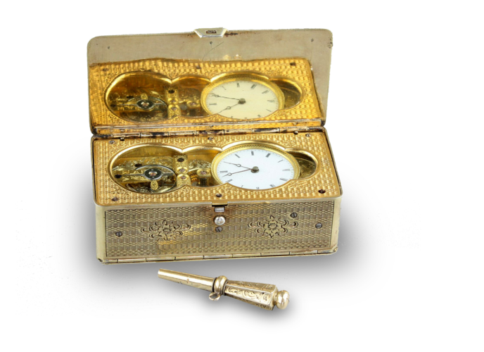 Antique silver-gilt skeleton-escapement timepiece snuffbox