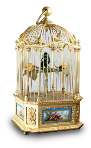 A stunning and very fine gilt bronze and Sevres plaque single singing bird-in-cage, by Bontems