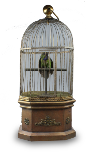 Antique large single singing bird in cage, by Bontems