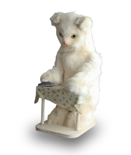 A vintage white cat ironing automaton, by Roullet & Decamps